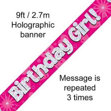 9ft Banner Birthday Girl Pink Holographic - Banners & Bunting